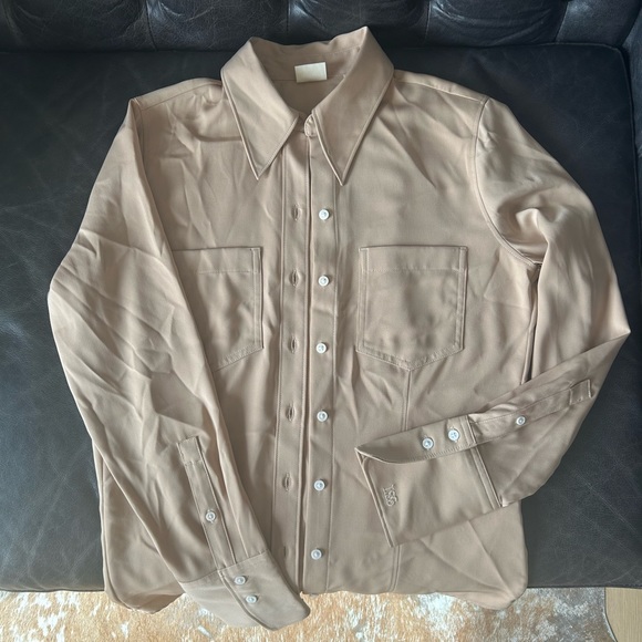 Levi’s NWT “Silky Granola” Collared Satin Dress Shirt Blouse XS in Buff Beige - Picture 4 of 7